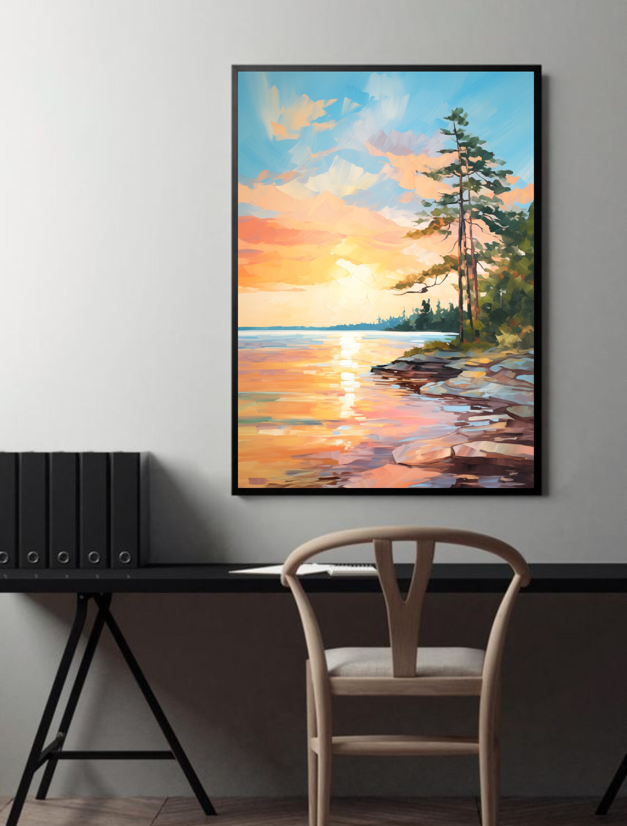 Sunrise Forest Lake Painting Neutral Landscape Wisconsin Art Print Pine ...