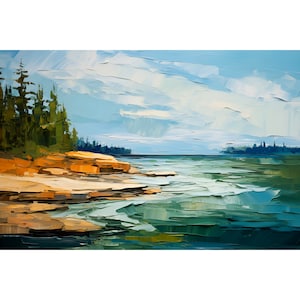Lake Superior Painting Michigan Landscape Art Rock Shoreline Wall Art Great Lakes Art Print Panoramic Wall Art Lake House Decor