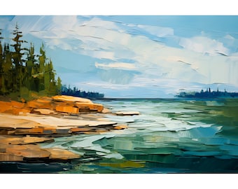 Lake Superior Painting Michigan Landscape Art Rock Shoreline Wall Art Great Lakes Art Print Panoramic Wall Art Lake House Decor