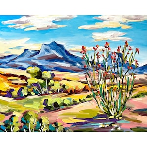Ocotillo Big Bend National Park Painting West Texas Desert Landscape Art Vintage Travel Midcentury Modern Clouds Agave Artwork