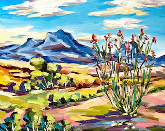 Ocotillo Big Bend National Park Painting West Texas Desert Landscape Art Vintage Travel Midcentury Modern Clouds Agave Artwork