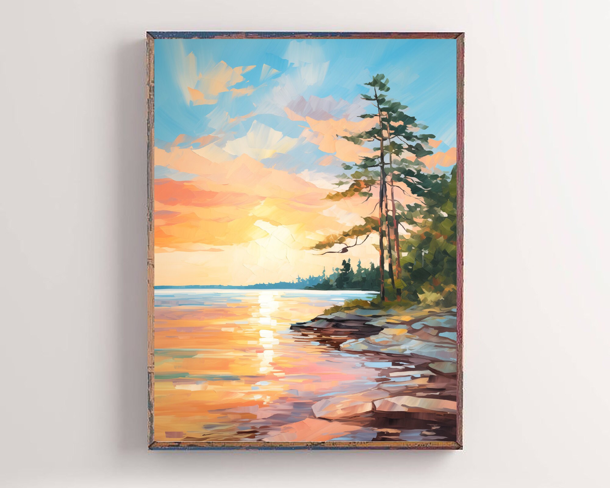 Sunrise Forest Lake Painting Neutral Landscape Wisconsin Art Print Pine ...