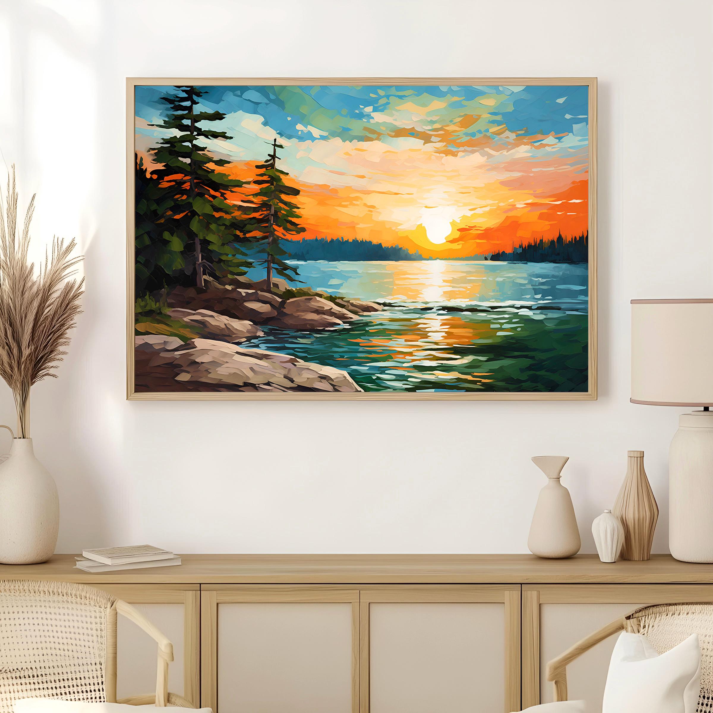 Sunrise Forest Lake Painting Neutral Brown Green Landscape Wisconsin ...