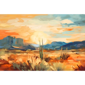 Sonoran Desert Sunset Print Arizona Landscape Painting Panoramic Wall Art Southwestern Wall Decor Cactus Agave Ocotillo Botanical Art