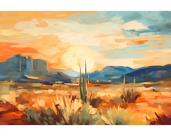 Sonoran Desert Sunset Print Arizona Landscape Painting Panoramic Wall Art Southwestern Wall Decor Cactus Agave Ocotillo Botanical Art