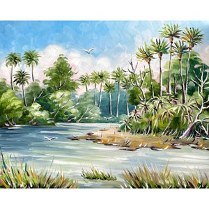 Florida Wildlife Landscape Print from Oil Painting Wetlands Scenery Wall Art Palm Trees Painting Florida gifts