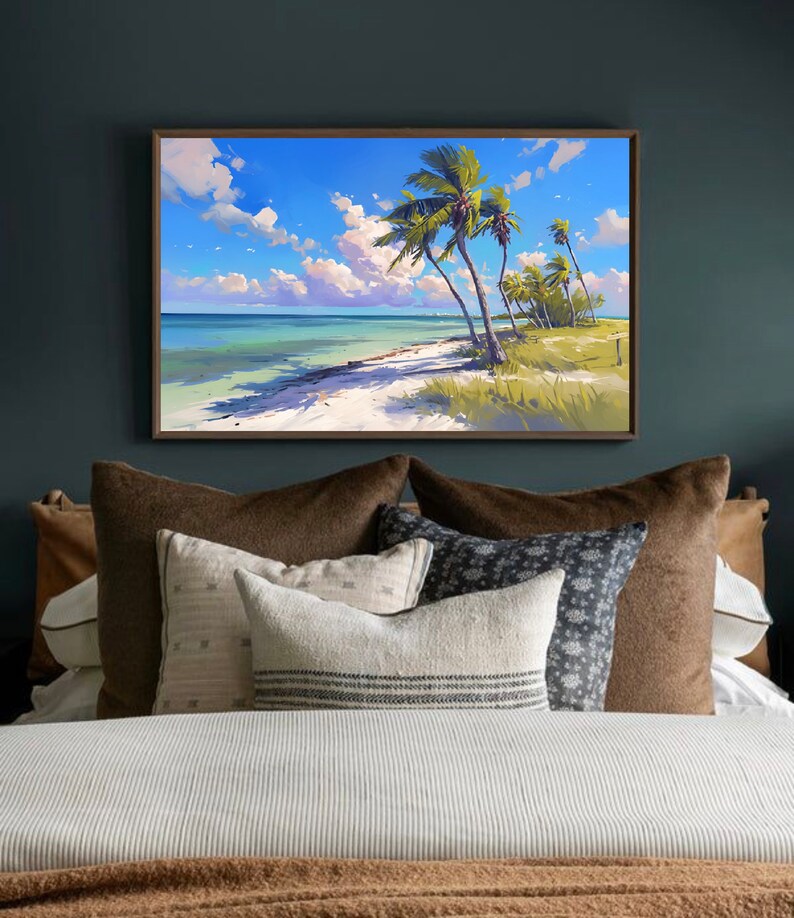 May include: A framed painting of a tropical beach scene with palm trees, white sand, and blue water. The sky is bright blue with white clouds.