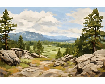 May include: A scenic landscape painting featuring a valley with a lush green meadow, surrounded by a forest of pine trees and rocky outcroppings. The sky is a bright blue with fluffy white clouds.