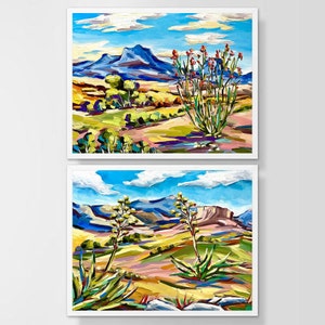 Set of 2 Big Bend National Park Prints West Texas Desert Landscape Art Southwestern Vintage Travel Painting Ocotillo Agave Botanical Diptych