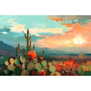 Saguaro National Park Painting Arizona Landscape Print Sonoran Desert Wall Art Cactus Botanical Art Green Orange Art Phoenix Travel Poster