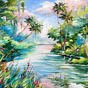 Florida Wildlife Spoonbills Animal Landscape Art Print from Original Oil Painting Sunset Tropical River Artwork Florida Palm Trees Wall Art