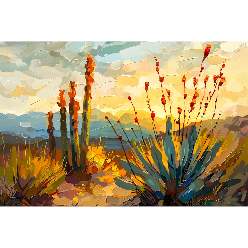 May include: A painting of a desert landscape with tall, green cacti and red flowering plants in the foreground. The background features a hazy, blue mountain range and a yellow sky with clouds.