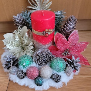 Frosted Christmas candle centrepiece, Christmas table decoration, Christmas ornament