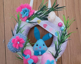 Easter door wreath, Easter hanging decoration, Easter wreath with bunny and eggs, Easter decorations UK,  Easter ornament