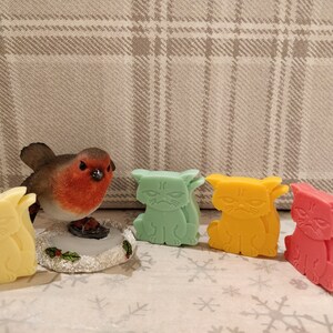 May include: Five small, grumpy cat-shaped soaps in different colors: yellow, green, orange, and pink. The soaps are arranged in a row on a white surface with a small robin figurine in the background.