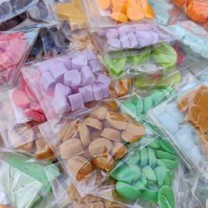 May include: Assortment of wax melts in various shapes and colours, packaged in clear plastic bags. The wax melts include hearts, leaves, and geometric shapes.
