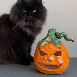 Pode incluir: Um gato preto está sentado ao lado de uma abóbora de cerâmica laranja com uma haste verde. A abóbora tem olhos, nariz e boca esculpidos. O gato tem pelo comprido e está a olhar para a câmara.