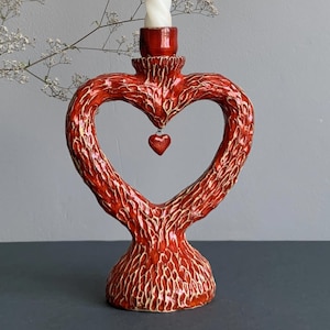 Heart Shaped Ceramic Candle Holder: Ruby Glazed Red Clay Candlestick