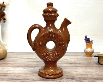 Red clay jug with ornaments and flower-bud patterns, Ukrainian classic pottery, Kitchen decor