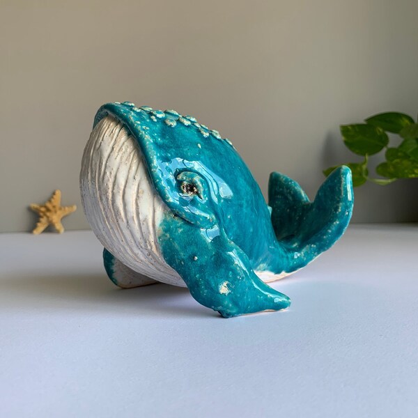 Ceramic whale figure in blue color. A stunning oceanic masterpiece for your home decor