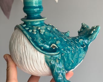 Handmade ceramic whale candle holder blue glazed single candle decor coastal marine style gift for home