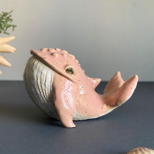 Pink ceramic whale handmade figurine large ocean fish for gift