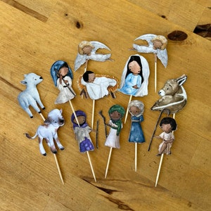Nativity Scene Christmas Cupcake Toppers, Cupcake Picks. Jesus, Mary, Joseph, Three Kings  and Angel Holiday Decorations