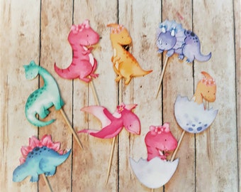 12 Dinosaur Girl Baby with Hatchlings Cupcake Toppers Nursery, Baby Shower, Birthday, Party Decoration