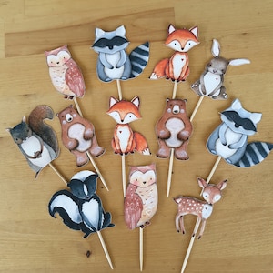 Woodland Cupcake Toppers Bear, Deer, Owl, Racoon, Fox Baby Shower, Woodland Birthday, Woodland Nursery, Animal Diaper Cake, Forest Friends