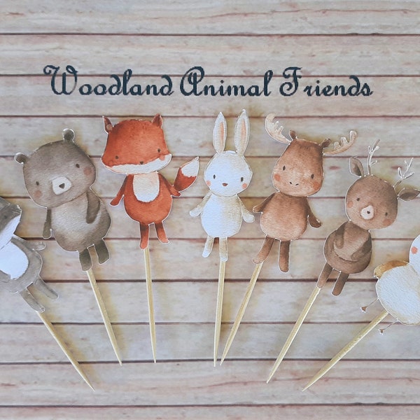 Set of 12 Woodland Animal Cupcake Toppers, Party  Decoration, Cake Toppers, Birthday, Baby Shower, Nursery