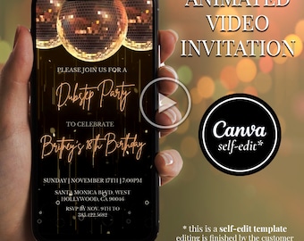 Golden Birthday Party Video Invitation, Animated Invite with Disco Balls, Instant Download, Digital Evite Template, All text Editable,