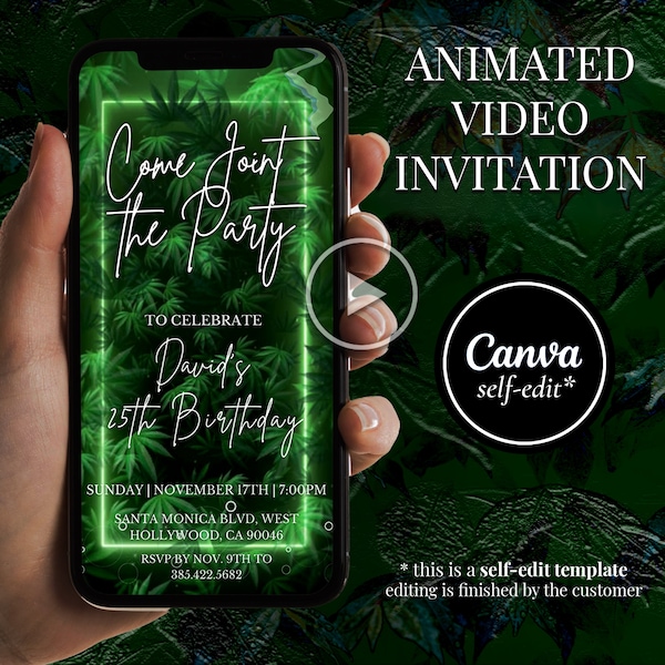 Cannabis Weed Birthday Party Invitation for Adults, Marijuana Animated Video Invite, Canva Invitation Template, Editable All Texts