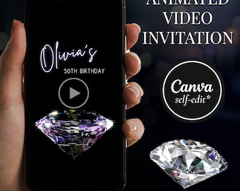 Diamond Birthday Party Animated Video Invitation: Glitter Celebration (Canva Template)