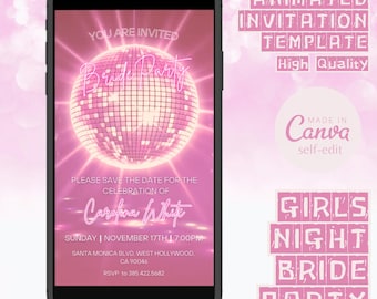 Pink Disco Bachelorette Party Video Invitation: Retro 70s Theme (Canva Editable, Digital Download)