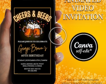 Cheers & Beers Birthday Video Invitation: Editable Canva Template (Digital Download)