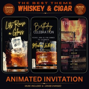 Whiskey Theme Birthday Party Animated Invitation, Editable Adult Invitation Template Canva, Thank You Card Free, Elite Bday Invite for Mens