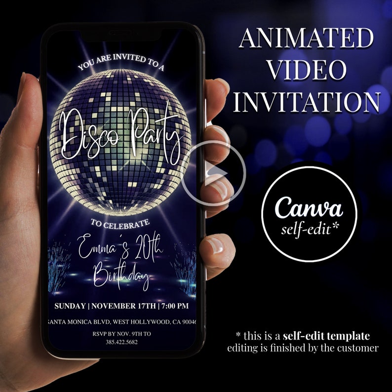 Disco Party Animated Invitation, Digital Disco Ball Birthday Invite