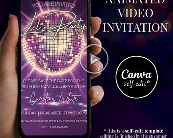 Lets Party Retro Disco Invite, Disco Ball Birthday Animated Video Invitation, Editable Canva Template, Digital Instant Download 70s 80's 90s