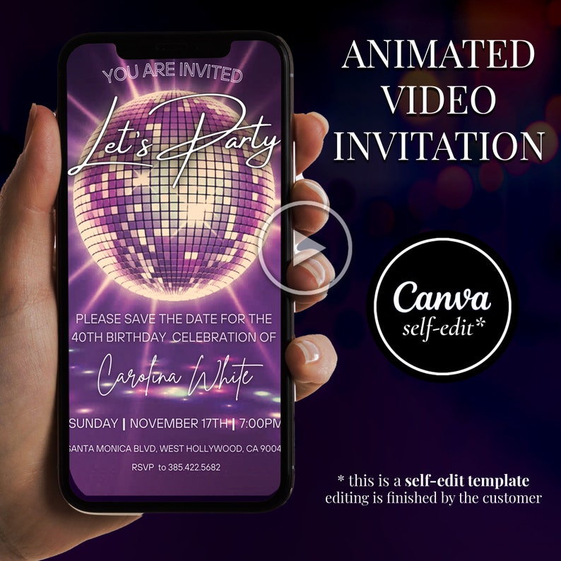 Lets Party Retro Disco Invite, Disco Ball Birthday Animated Video