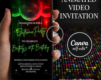Retro Disco Party Birthday Invitation 70s 80s 90s, Electronic Dance Costume Party, Editable Invite, Digital Invite Adults, Canva Template