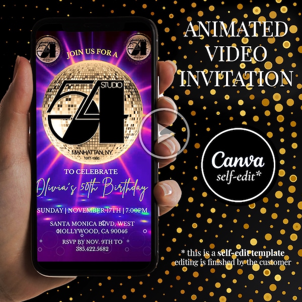 Studio 54 Disco Party Editable Animated Birthday Invitation, Gold Black Disco Ball Studio 54 Theme, Canva Template, Mobile Digital Invite