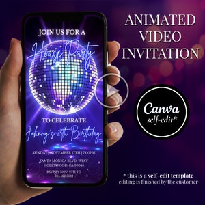 Disco Party Animated Birthday Video Invitation, Purple Canva Template, Editable Digital Party, Girls Night Club, Bachelor Party