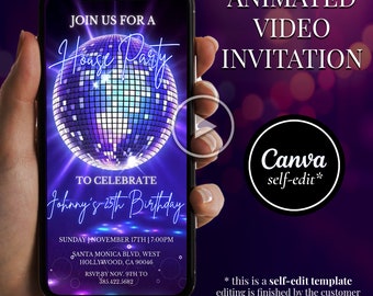 Disco Party Animated Birthday Video Invitation, Purple Canva Template, Editable Digital Party, Girls Night Club, Bachelor Party