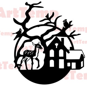 Cervo scena SVG, file di taglio scena di Natale, svg per cricut, dxf per cnc laser, modello taglio di carta, clipart fauna selvatica, legno vettoriale cervi parete art