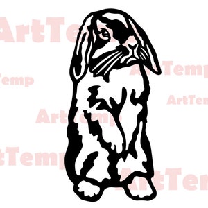 May include: Black and white silhouette of a rabbit with floppy ears standing on its hind legs.