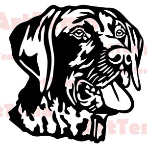 Puede incluir: Ilustración en blanco y negro de la cabeza de un perro Bloodhound con la lengua fuera.