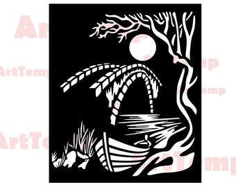 Boat Under Bridge SVG DXF: River Scene CNC Wood Art (Digital Files)