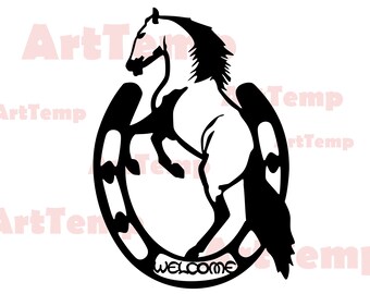 May include: Black and white silhouette of a horse rearing up inside a horseshoe with the word "Welcome" inscribed on the horseshoe.