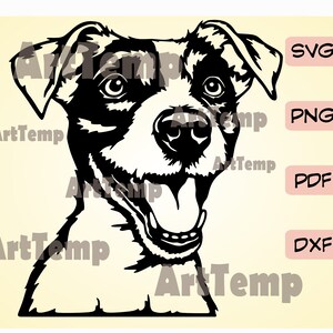May include: Black and white vector illustration of a Jack Russell Terrier dog with its mouth open and tongue sticking out. The dog is looking to the right.