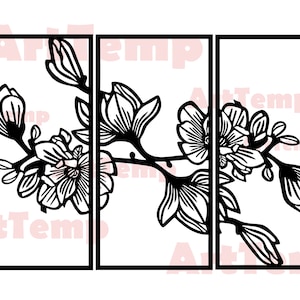 Magnolia panel, vector Japanese design SVG, for cricut, dxf for laser cnc, plasma, papercut template, flowers clipart vector wood wall art